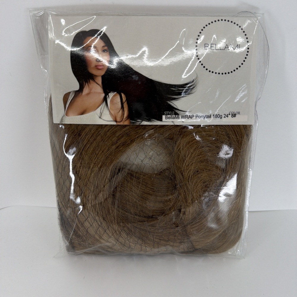 BELLAMI Faux Wrap Ponytail Ash Brown 24" #8 New Sealed Bag 180 Grams Faux Hair